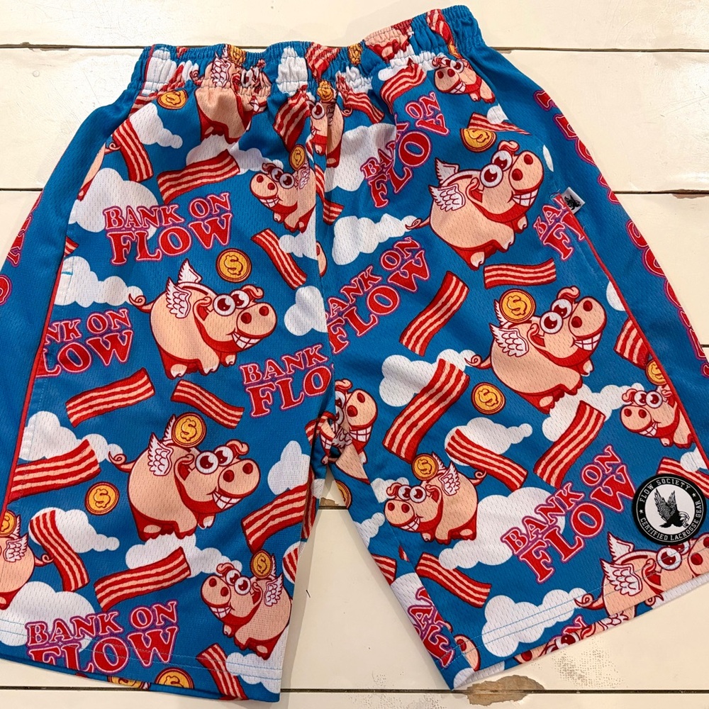 Flow Society Boys Lacrosse Shorts Youth large Pigs Bacon Bank on Flow